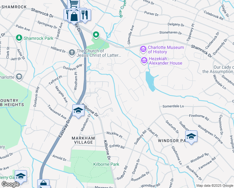map of restaurants, bars, coffee shops, grocery stores, and more near 2840 Edsel Place in Charlotte