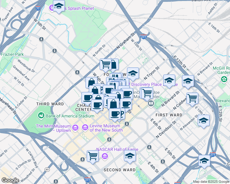map of restaurants, bars, coffee shops, grocery stores, and more near 206 North Church Street in Charlotte