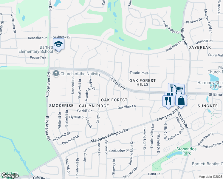 map of restaurants, bars, coffee shops, grocery stores, and more near 3781 Regency Oaks Cove in Bartlett
