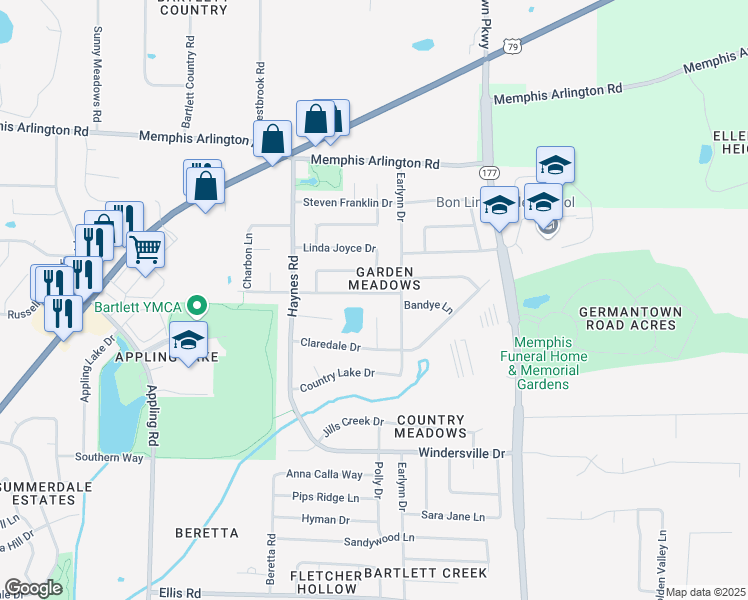 map of restaurants, bars, coffee shops, grocery stores, and more near 7943 Terry Franklin Drive in Memphis