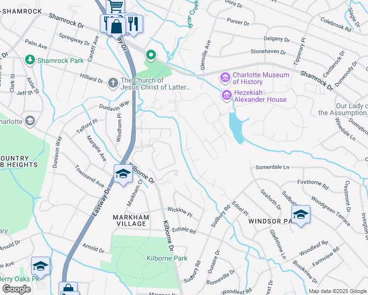 map of restaurants, bars, coffee shops, grocery stores, and more near 2840 Edsel Place in Charlotte