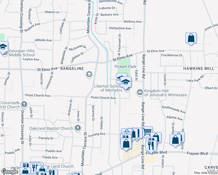 map of restaurants, bars, coffee shops, grocery stores, and more near 3795 Brookmeade Street in Memphis
