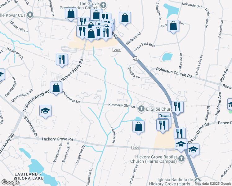 map of restaurants, bars, coffee shops, grocery stores, and more near 5159 Ficus Tree Lane in Charlotte