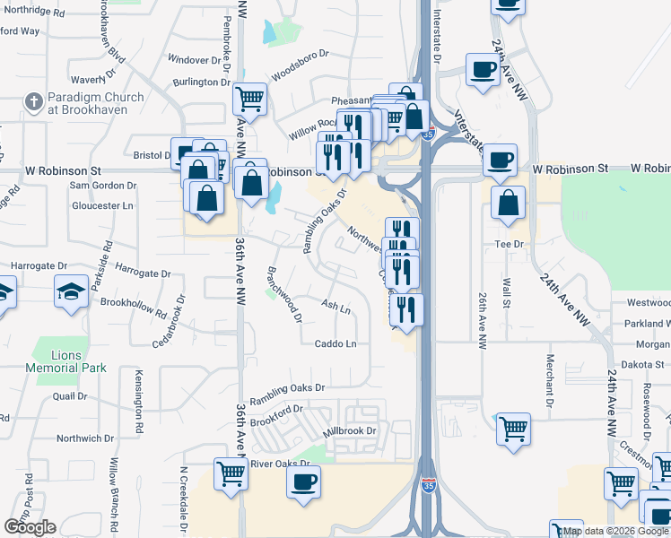 map of restaurants, bars, coffee shops, grocery stores, and more near 3212 Barley Court in Norman