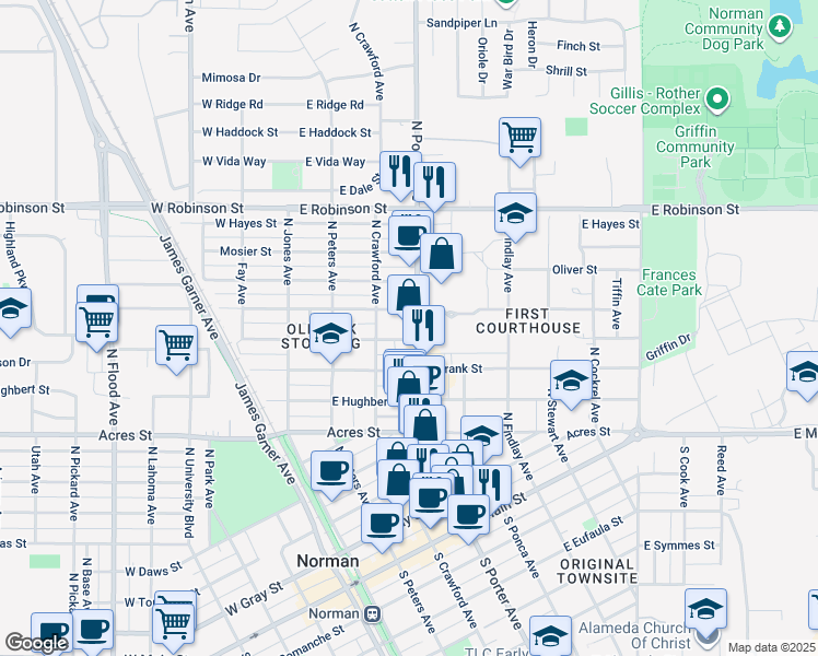 map of restaurants, bars, coffee shops, grocery stores, and more near 808 North Porter Avenue in Norman