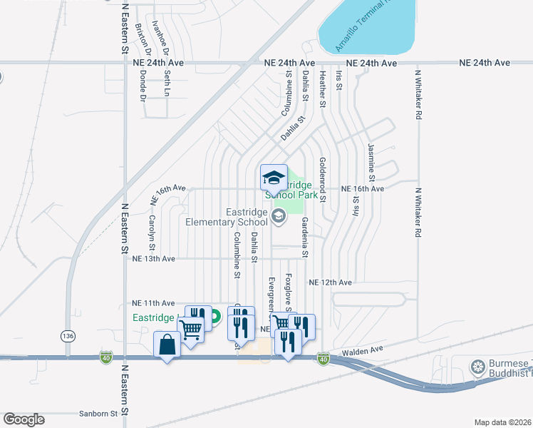 map of restaurants, bars, coffee shops, grocery stores, and more near 1327 Evergreen Street in Amarillo