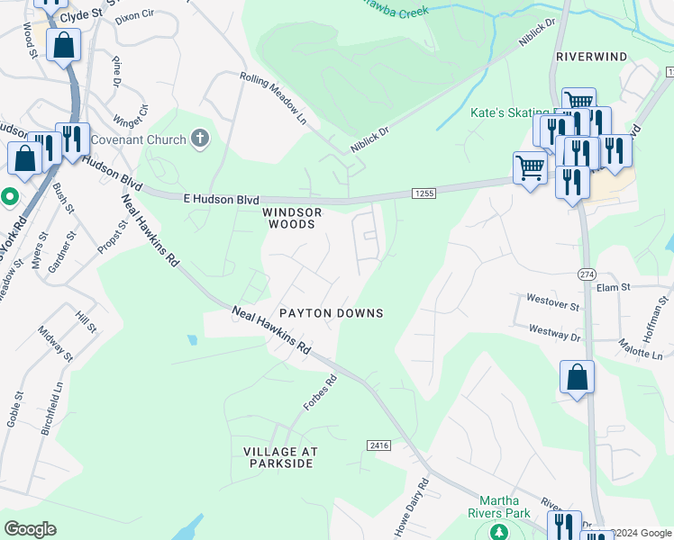 map of restaurants, bars, coffee shops, grocery stores, and more near 2301 Payton Drive in Gastonia