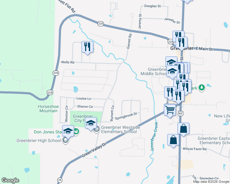 map of restaurants, bars, coffee shops, grocery stores, and more near 38 Garrett Road in Greenbrier