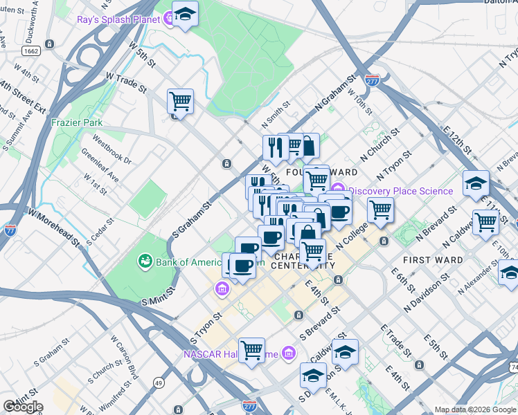 map of restaurants, bars, coffee shops, grocery stores, and more near 327 West Trade Street in Charlotte