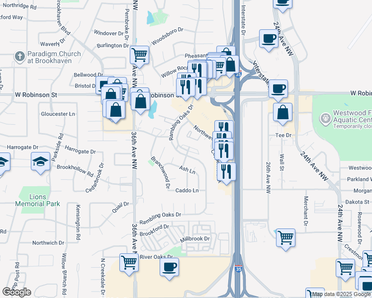 map of restaurants, bars, coffee shops, grocery stores, and more near 3222 Barley Court in Norman