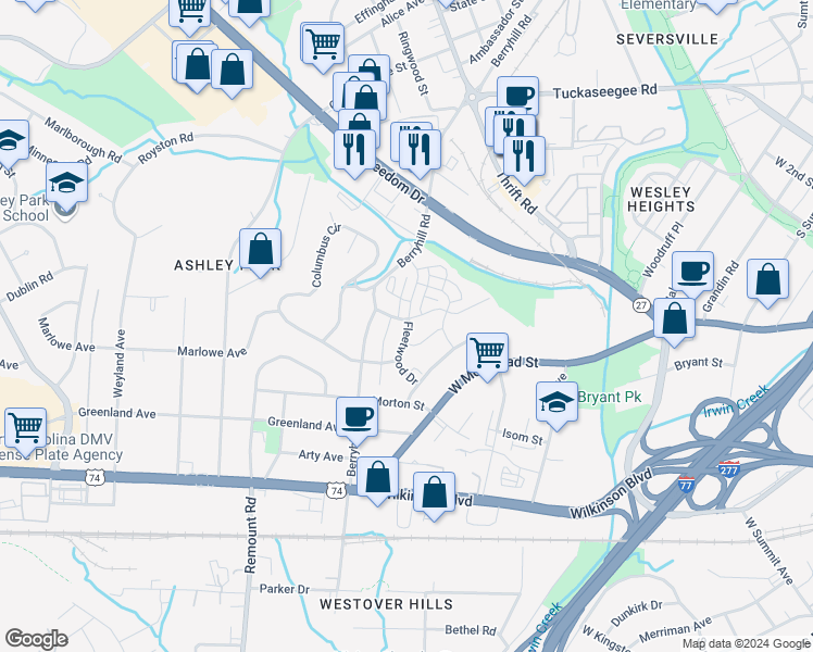map of restaurants, bars, coffee shops, grocery stores, and more near 1732 Fleetwood Drive in Charlotte