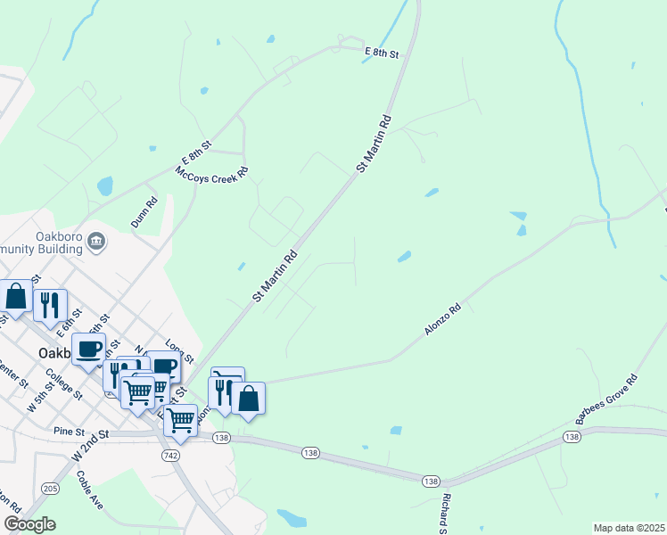 map of restaurants, bars, coffee shops, grocery stores, and more near 672 Scarlet Leaf Lane in Oakboro
