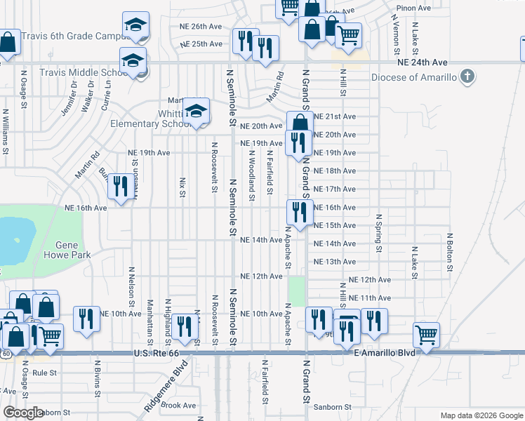 map of restaurants, bars, coffee shops, grocery stores, and more near 1420 North Fairfield Street in Amarillo