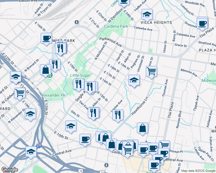 map of restaurants, bars, coffee shops, grocery stores, and more near 1237 Allen St in Charlotte