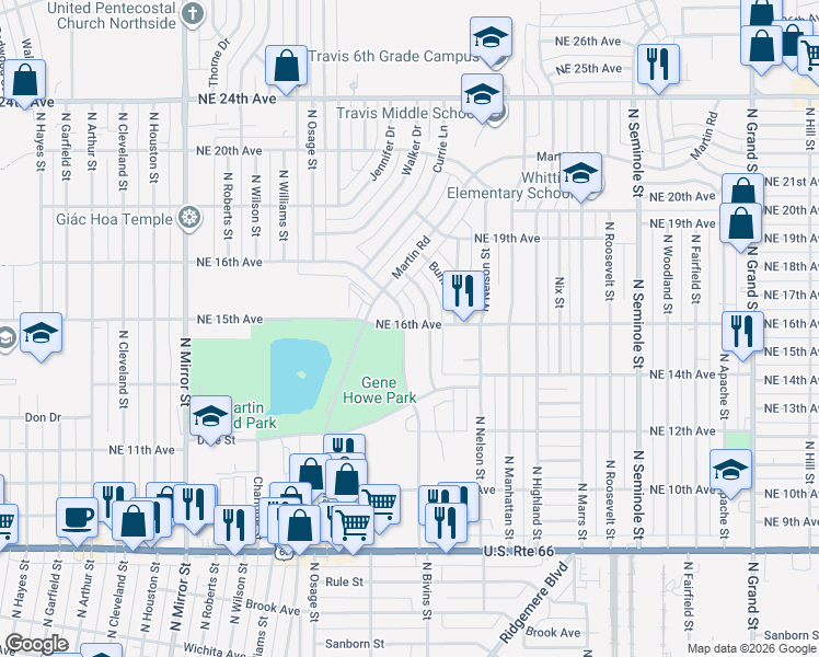 map of restaurants, bars, coffee shops, grocery stores, and more near 1432 North Bivins Street in Amarillo