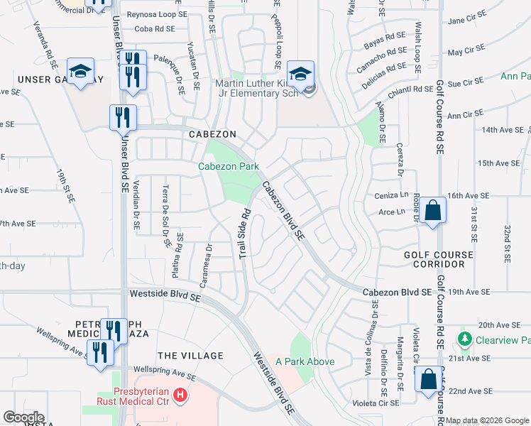 map of restaurants, bars, coffee shops, grocery stores, and more near 2329 Cortina Loop Southeast in Rio Rancho