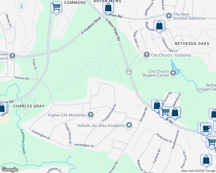 map of restaurants, bars, coffee shops, grocery stores, and more near 4187 Timberwood Drive in Gastonia