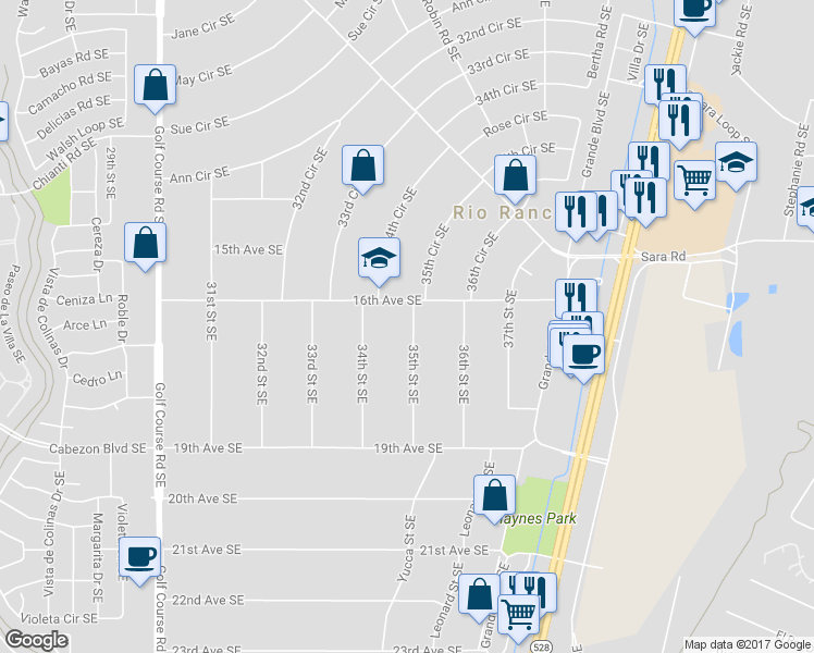 map of restaurants, bars, coffee shops, grocery stores, and more near 1613 35th Street Southeast in Rio Rancho