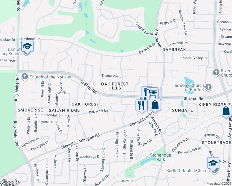 map of restaurants, bars, coffee shops, grocery stores, and more near 6345 Grassy Point Cove in Memphis