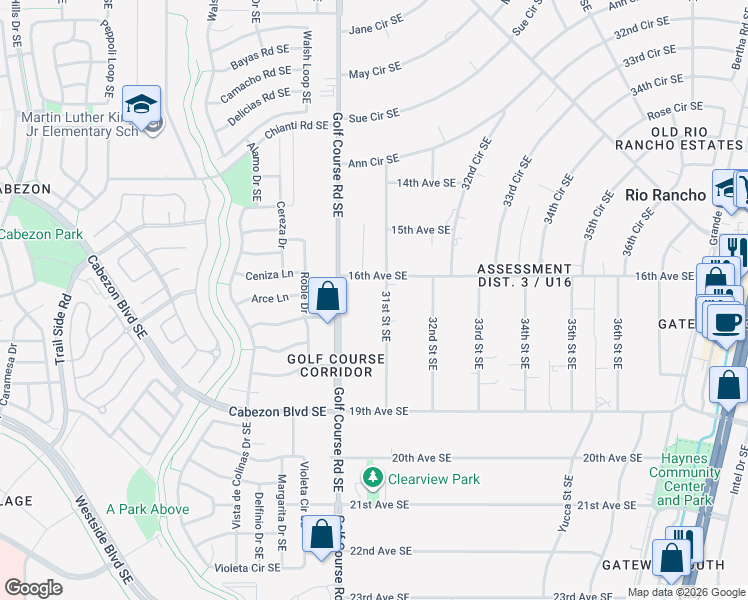 map of restaurants, bars, coffee shops, grocery stores, and more near 1613 31st Street Southeast in Rio Rancho