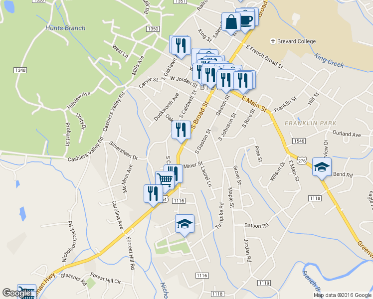 map of restaurants, bars, coffee shops, grocery stores, and more near 24 Varsity St in Brevard
