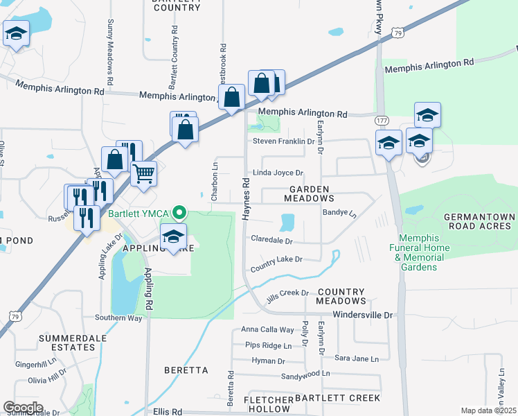 map of restaurants, bars, coffee shops, grocery stores, and more near 7863 Terry Franklin Drive in Bartlett