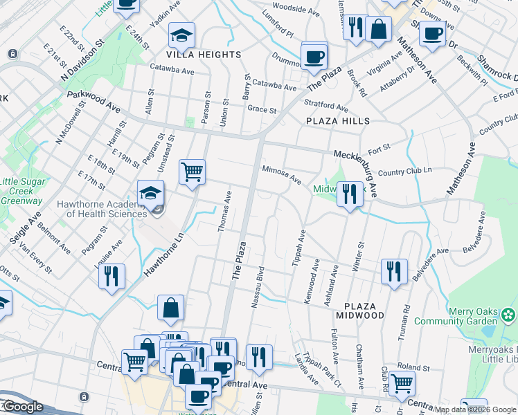 map of restaurants, bars, coffee shops, grocery stores, and more near 2006 The Plaza in Charlotte