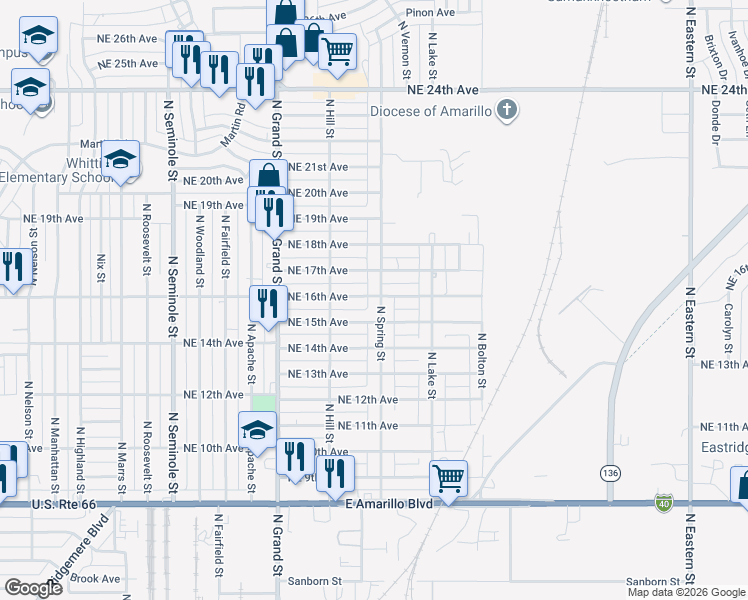 map of restaurants, bars, coffee shops, grocery stores, and more near 3816 NE 16th Ave in Amarillo