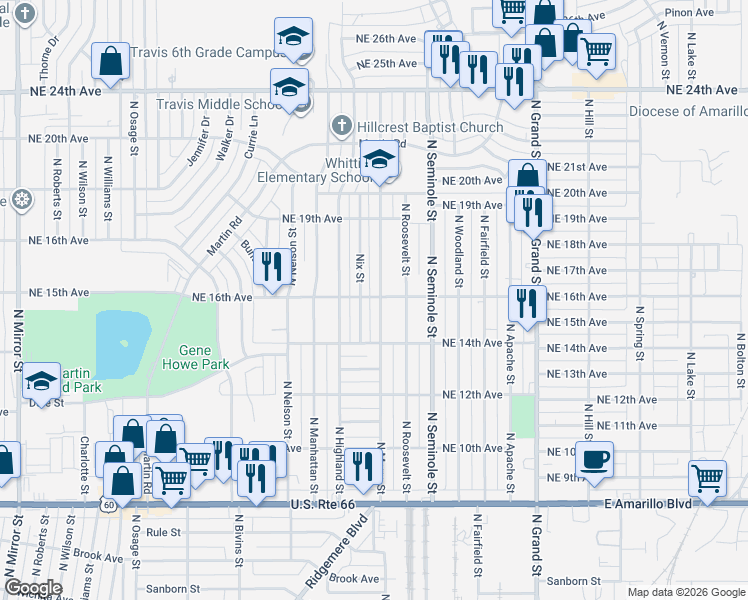 map of restaurants, bars, coffee shops, grocery stores, and more near 1418 N Marrs St in Amarillo
