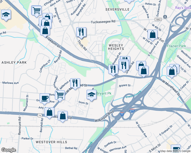 map of restaurants, bars, coffee shops, grocery stores, and more near in Charlotte