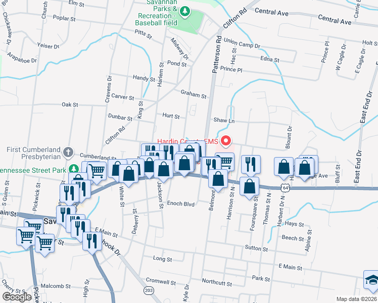 map of restaurants, bars, coffee shops, grocery stores, and more near 115 Patterson Road in Savannah