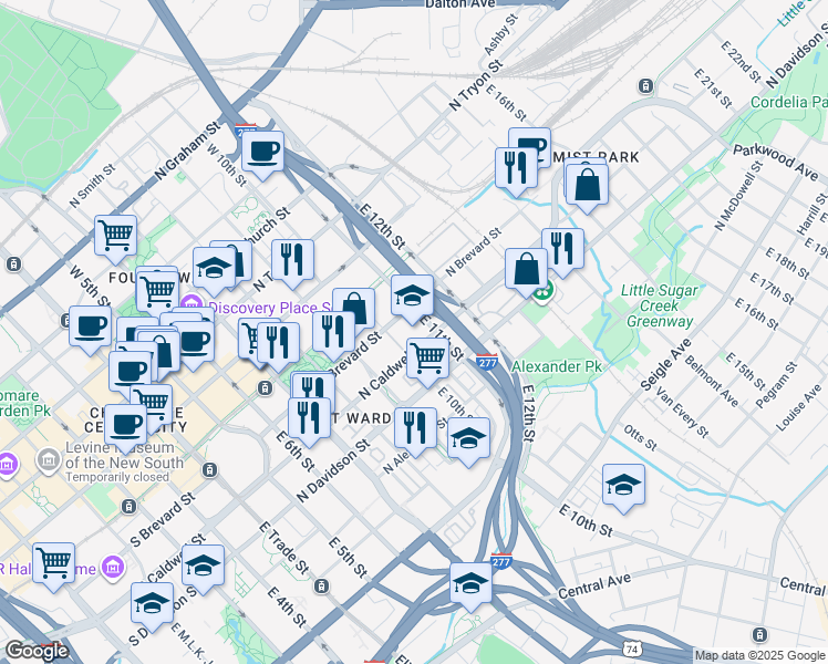 map of restaurants, bars, coffee shops, grocery stores, and more near 715 North Caldwell Street in Charlotte