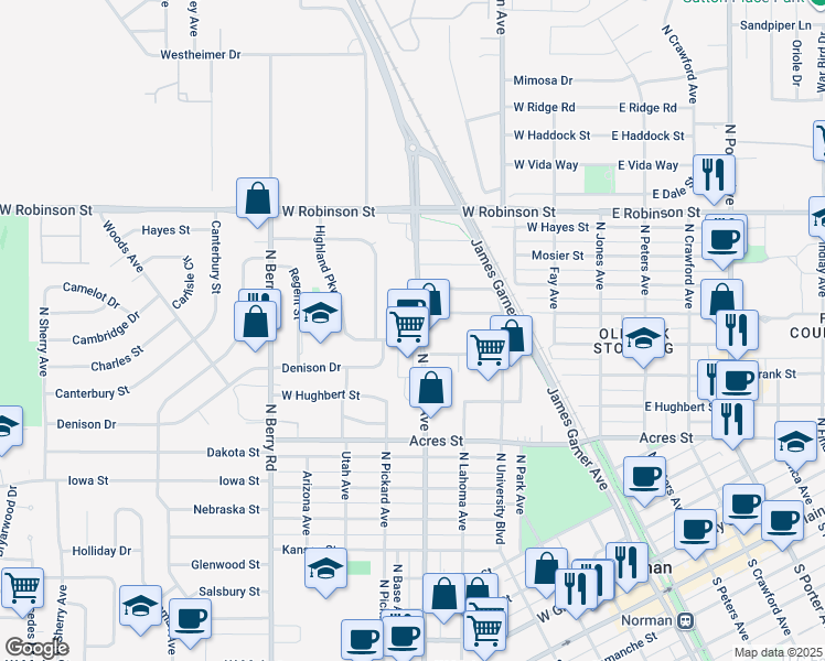 map of restaurants, bars, coffee shops, grocery stores, and more near 1102 North Flood Avenue in Norman