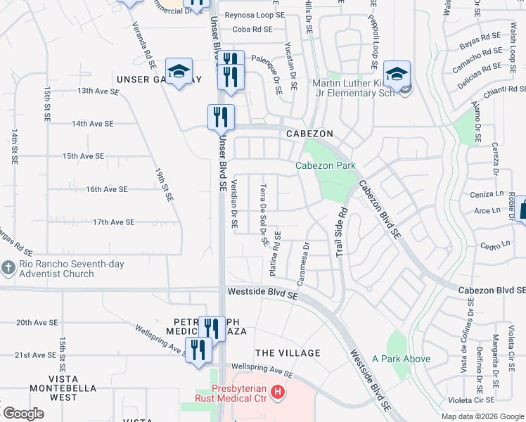 map of restaurants, bars, coffee shops, grocery stores, and more near Rancho Plata Ave in Rio Rancho