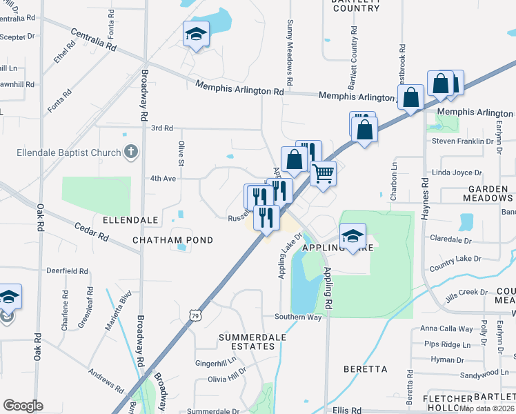 map of restaurants, bars, coffee shops, grocery stores, and more near 3733 Russell Hurst Drive East in Memphis