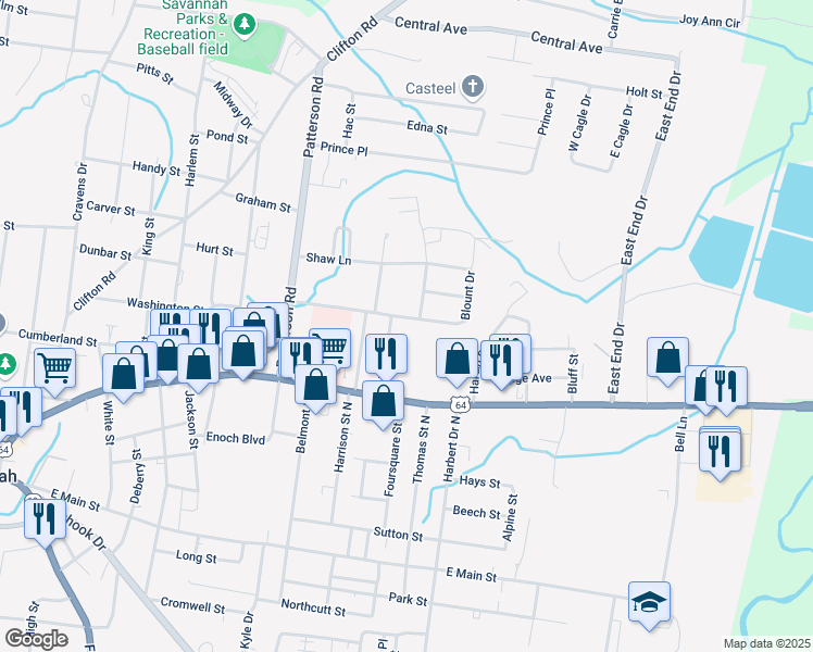 map of restaurants, bars, coffee shops, grocery stores, and more near 270 Davis Street in Savannah