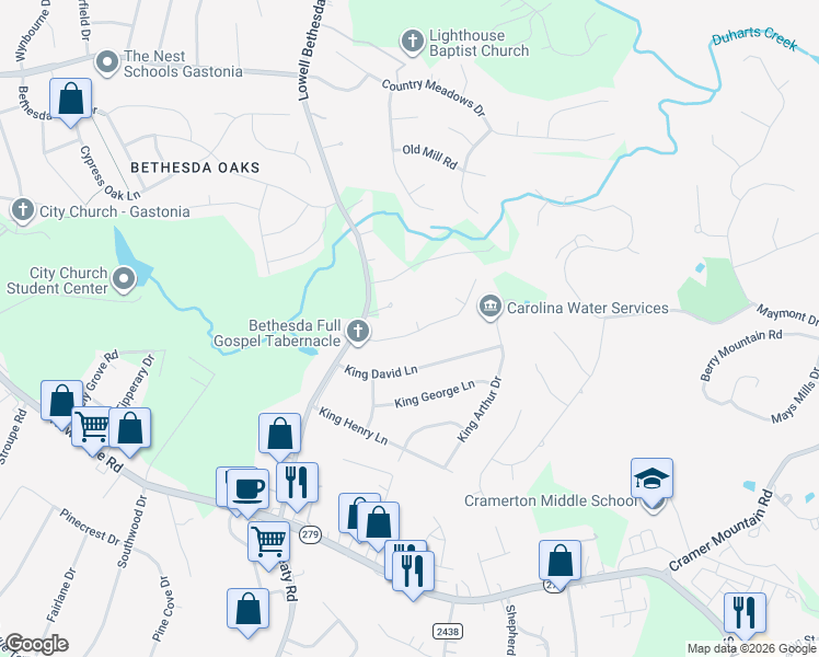 map of restaurants, bars, coffee shops, grocery stores, and more near 6001 Carson Spring Court in Gastonia