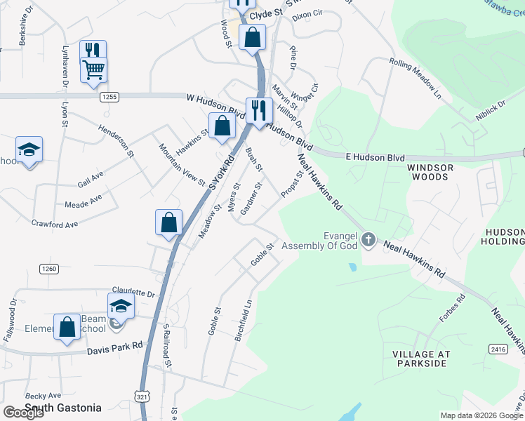 map of restaurants, bars, coffee shops, grocery stores, and more near 2433 Propst Street in Gastonia