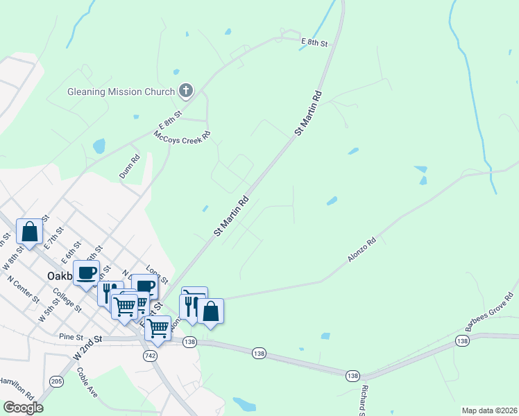 map of restaurants, bars, coffee shops, grocery stores, and more near 447 Oakleigh Lane in Oakboro