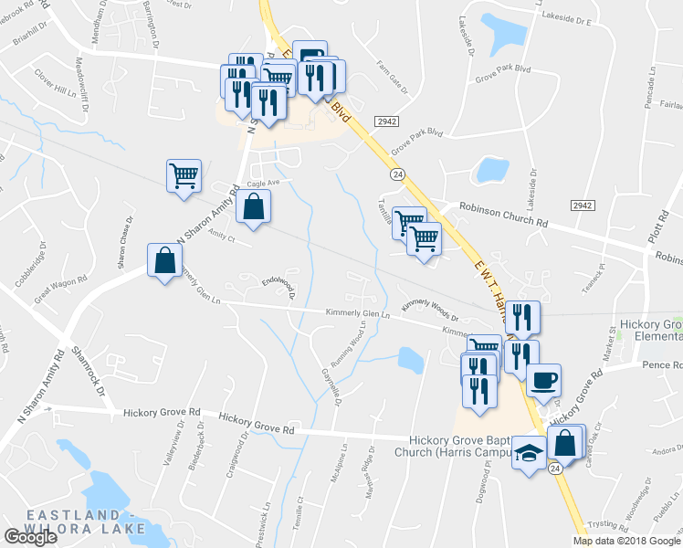 map of restaurants, bars, coffee shops, grocery stores, and more near 5167 Ficus Tree Lane in Charlotte