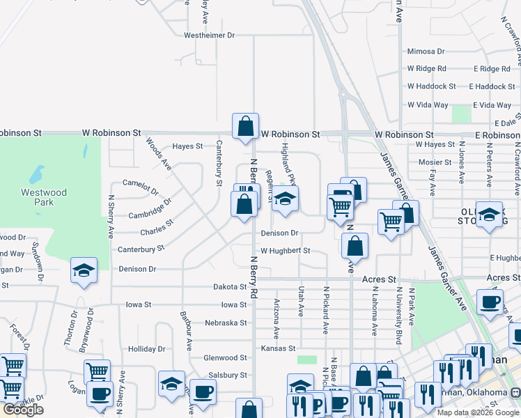 map of restaurants, bars, coffee shops, grocery stores, and more near 1312 Regent Street in Norman
