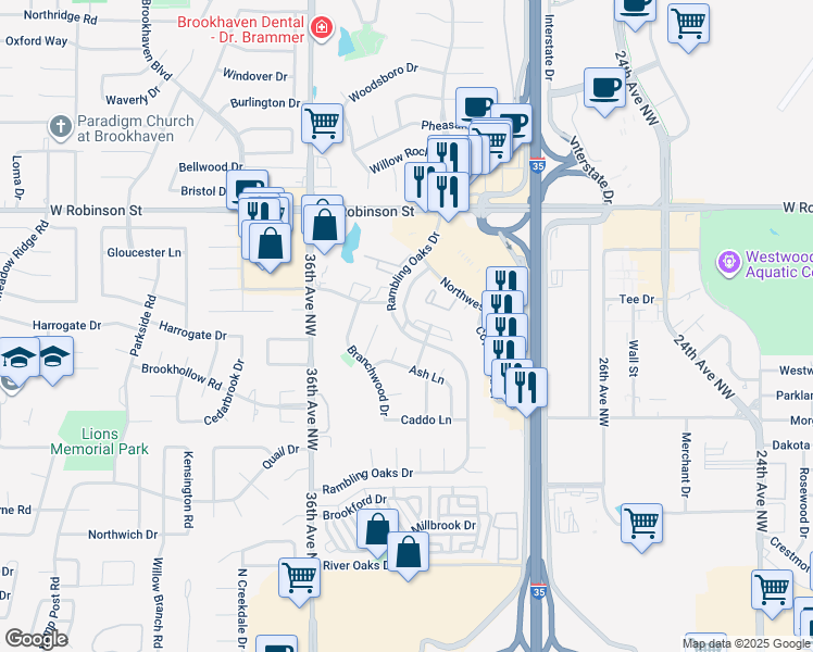 map of restaurants, bars, coffee shops, grocery stores, and more near 925 Rambling Oaks Drive in Norman