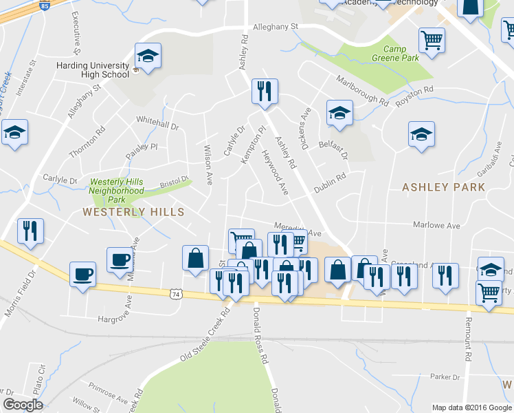 map of restaurants, bars, coffee shops, grocery stores, and more near 3501 Dublin Road in Charlotte