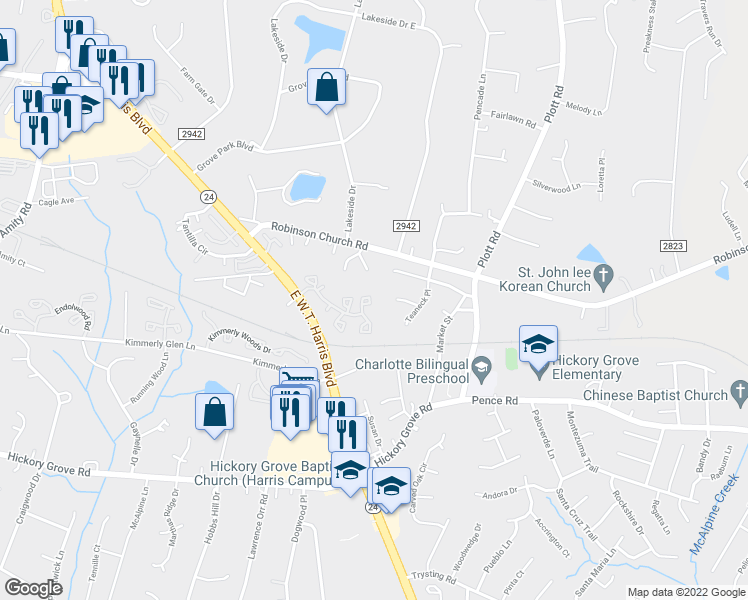 map of restaurants, bars, coffee shops, grocery stores, and more near 6425 Windsor Gate Lane in Charlotte