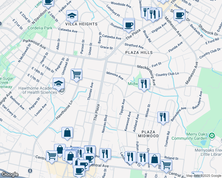 map of restaurants, bars, coffee shops, grocery stores, and more near in Charlotte