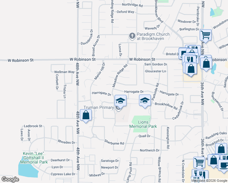 map of restaurants, bars, coffee shops, grocery stores, and more near 800 Meadow Ridge Road in Norman