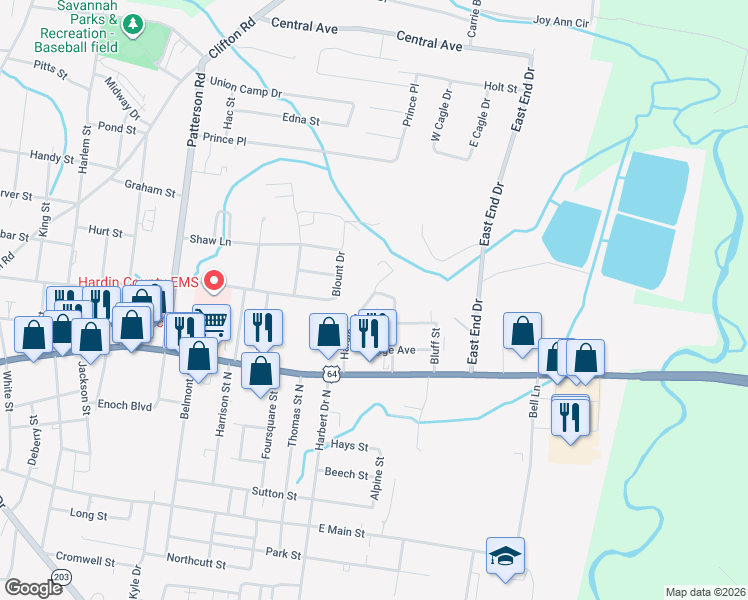 map of restaurants, bars, coffee shops, grocery stores, and more near 180 Hardin Road in Savannah