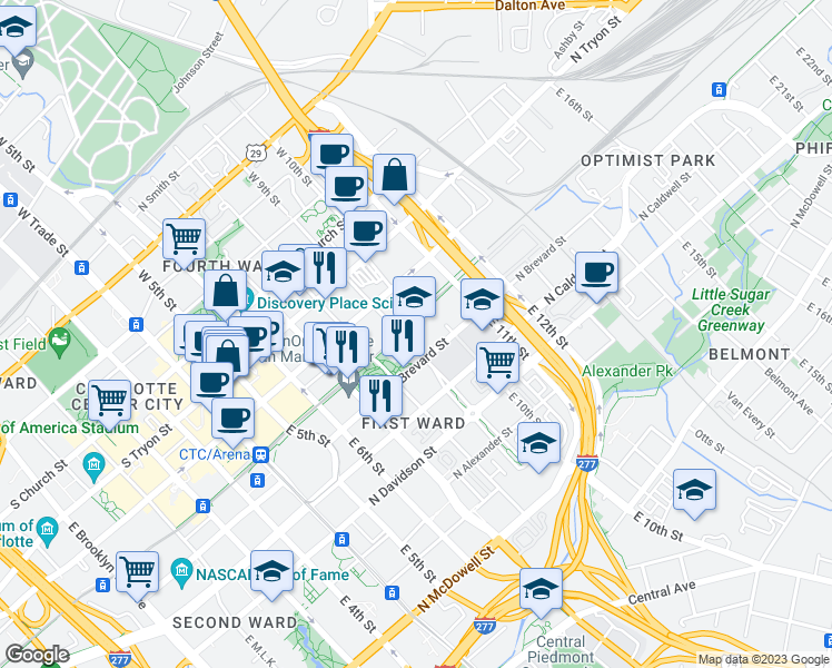 map of restaurants, bars, coffee shops, grocery stores, and more near 301 East 9th Street in Charlotte