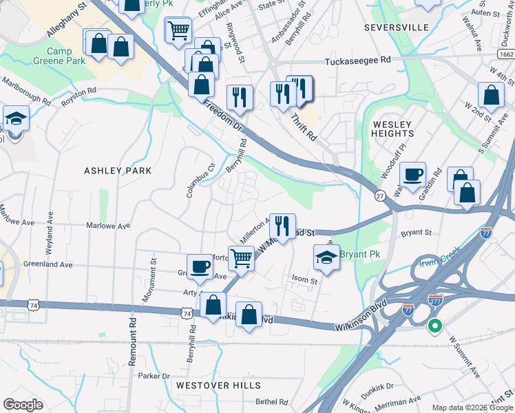map of restaurants, bars, coffee shops, grocery stores, and more near 1847 Evergreen Drive in Charlotte