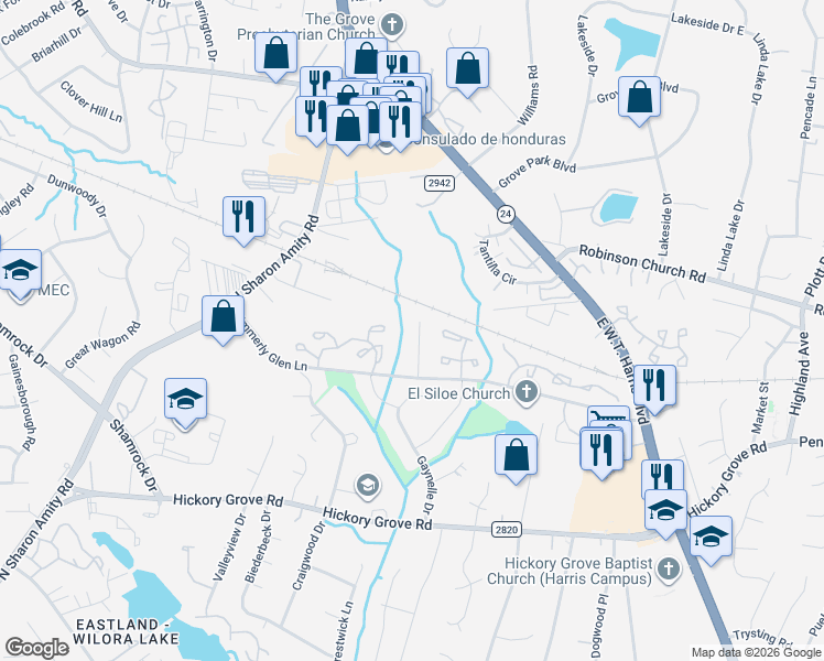 map of restaurants, bars, coffee shops, grocery stores, and more near 5159 Ficus Tree Lane in Charlotte
